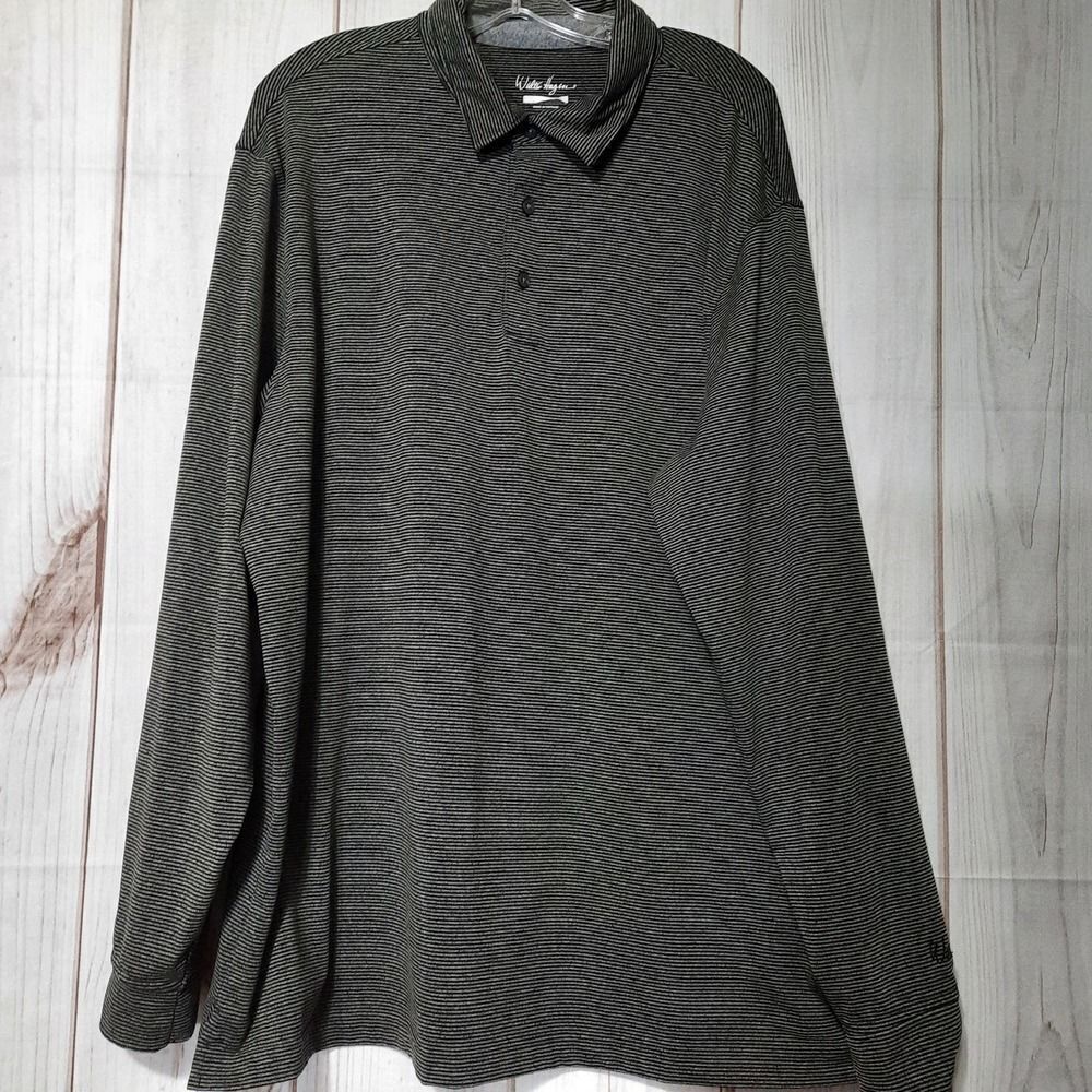 Walter Hagen Mens‎ XL Long Sleeve Polo Shirt Grey Black Striped Hydro-Dri Golf